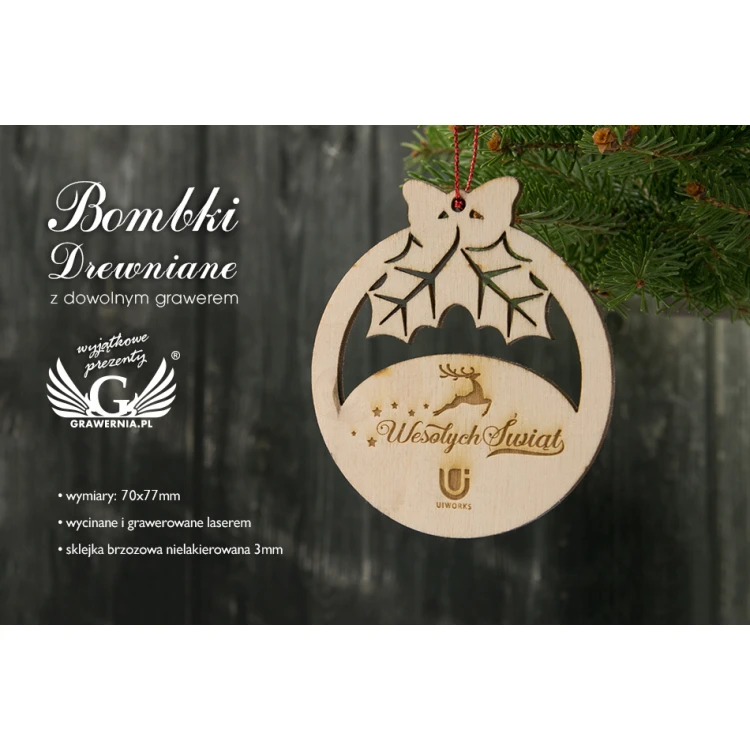 Wooden Christmas Baubles - size 70x77mm - any engraving - BDR014
