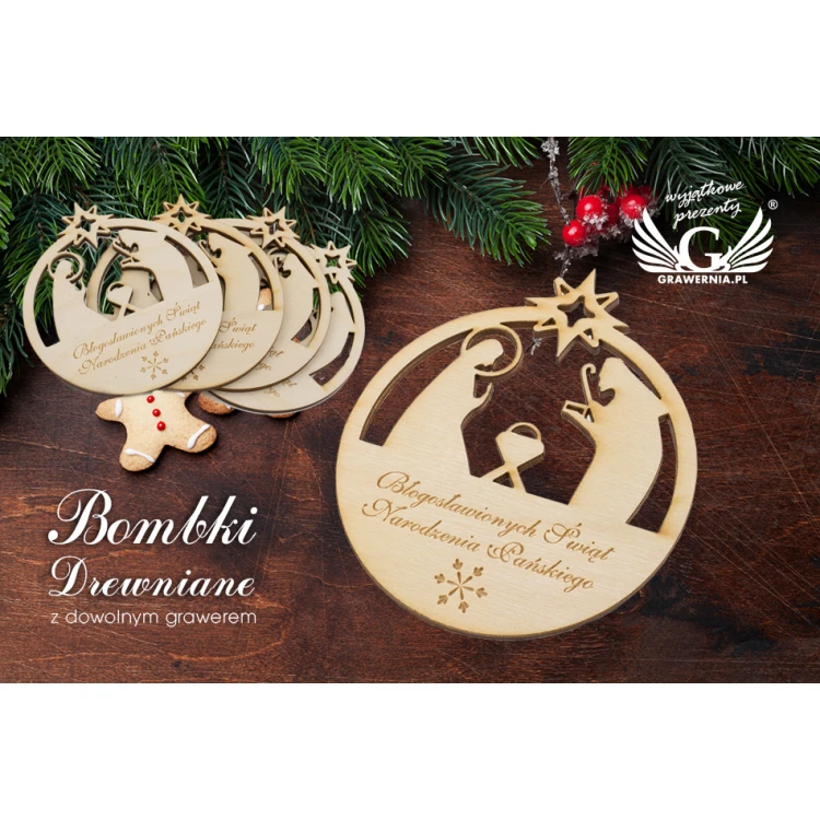Wooden Christmas Baubles with Holy Family Image - size 80x93mm - any engraving - BDR009