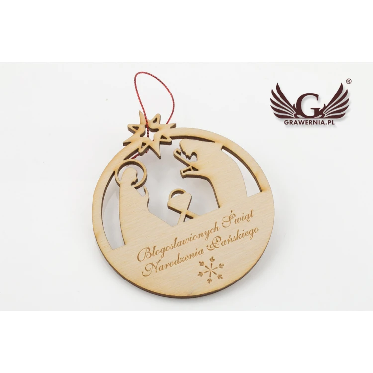 Wooden Christmas Baubles with Holy Family Image - size 80x93mm - any engraving - BDR009