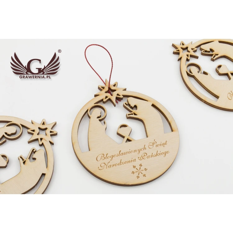 Wooden Christmas Baubles with Holy Family Image - size 80x93mm - any engraving - BDR009