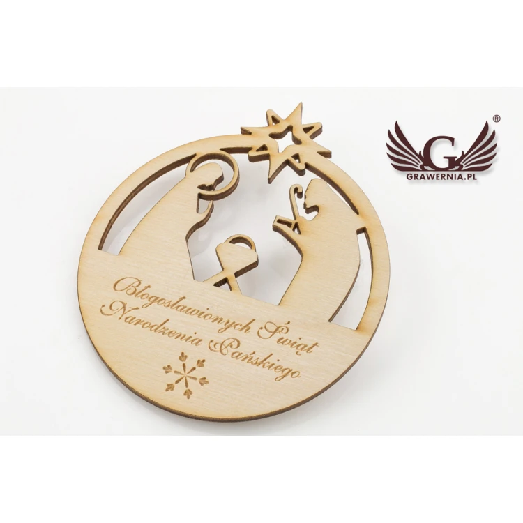 Wooden Christmas Baubles with Holy Family Image - size 80x93mm - any engraving - BDR009