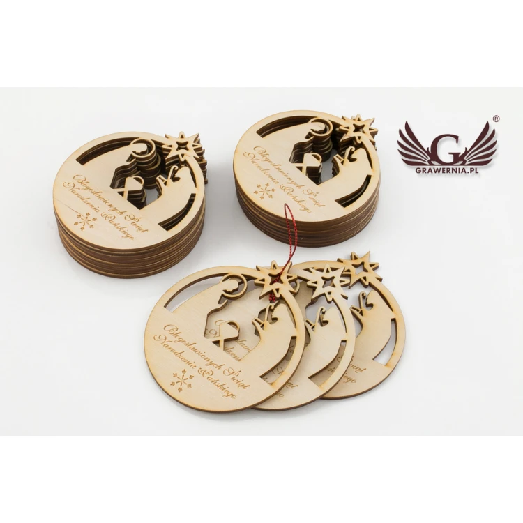 Wooden Christmas Baubles with Holy Family Image - size 80x93mm - any engraving - BDR009