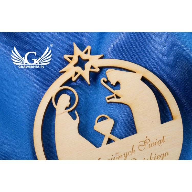 Wooden Christmas Baubles with Holy Family Image - size 80x93mm - any engraving - BDR009