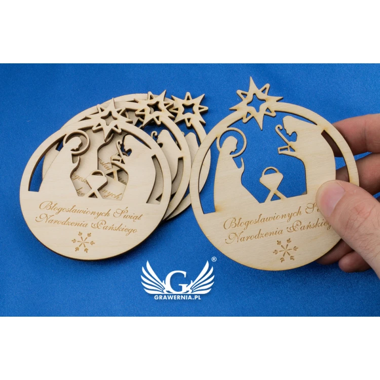 Wooden Christmas Baubles with Holy Family Image - size 80x93mm - any engraving - BDR009
