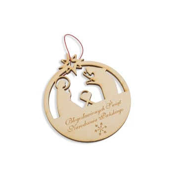 Wooden Christmas Baubles with Holy Family Image - size 80x93mm - any engraving - BDR009