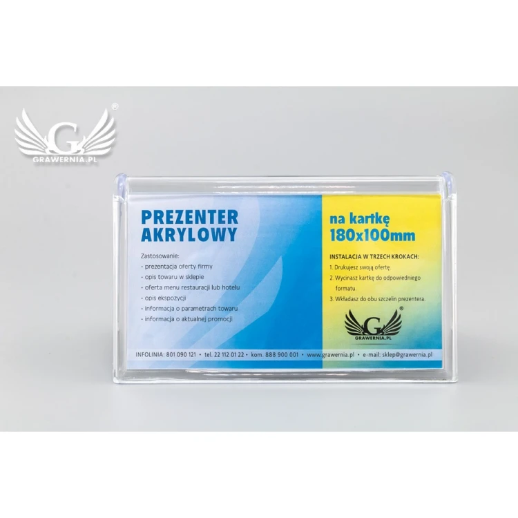 Stand, plastic display for a card of 180x100mm dimensions - model PR018