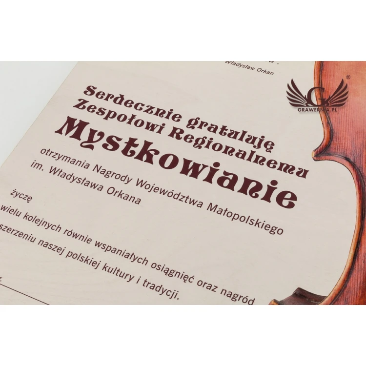 Wooden Diploma for Violinist, Music Band - 420x300mm - Colorful UV Print - NAT020