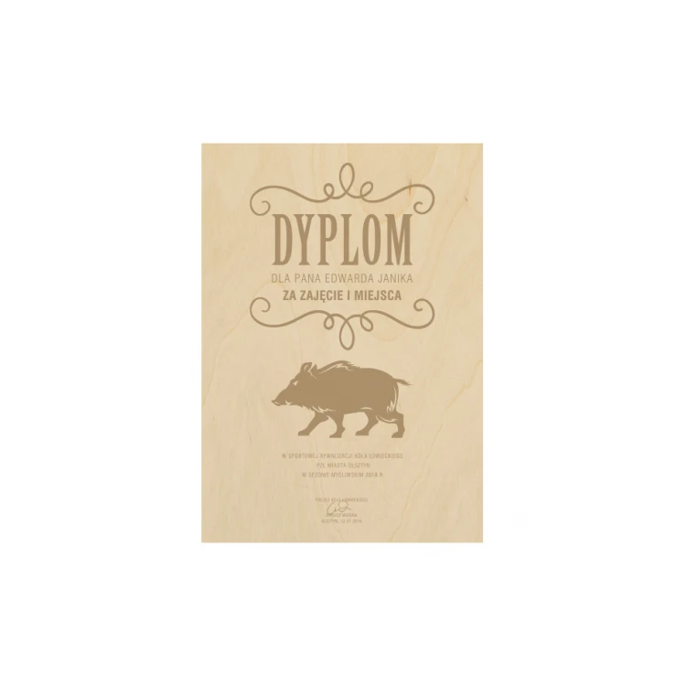Hunting Diploma in Wooden Frame - A4 - Laser Engraved - NAT005