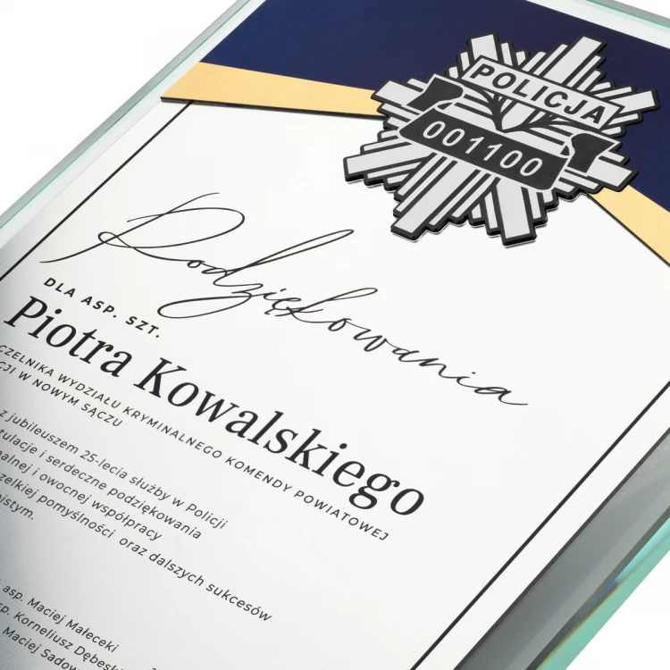 Glass Diploma - 25 years of service in the Police - vertical - UV print and engraving - DUV089