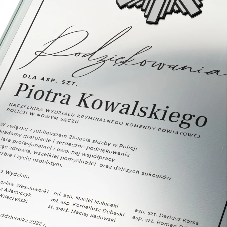 Glass Diploma - 25 years of service in the Police - vertical - UV print and engraving - DUV089