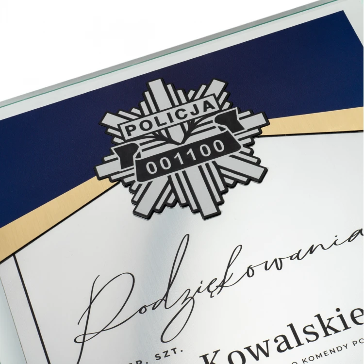 Glass Diploma - 25 years of service in the Police - vertical - UV print and engraving - DUV089