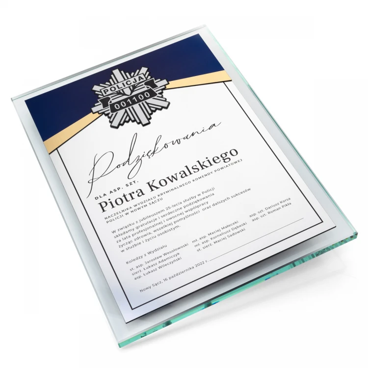 Glass Diploma - 25 years of service in the Police - vertical - UV print and engraving - DUV089