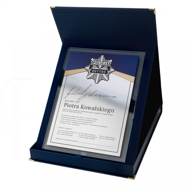 Glass Diploma - 25 years of service in the Police - vertical - UV print and engraving - DUV089