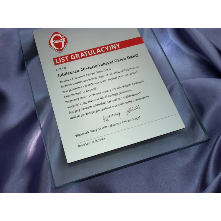 GLASS DIPLOMA - CONGRATULATORY LETTER - DSZ034 - vertical