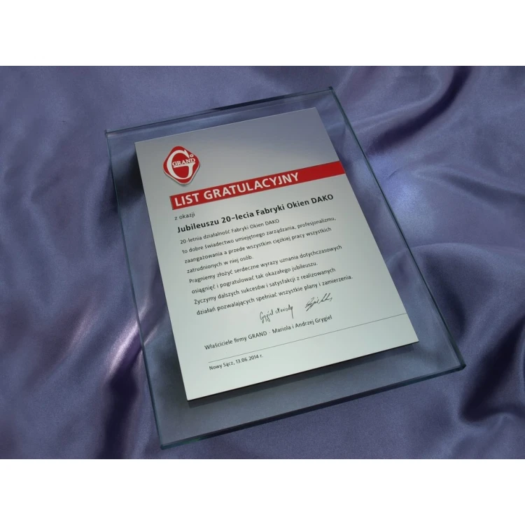 GLASS DIPLOMA - CONGRATULATORY LETTER - DSZ034 - vertical