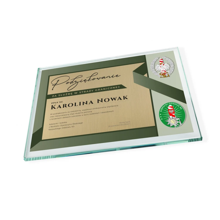 Glass Diploma - Appreciation for Service in the Border Guard - Horizontal - Colorful UV Print - DUV071