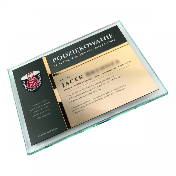 Glass Diploma - Appreciation for Work in the Customs and Tax Service - Horizontal - Colorful UV Print - DUV089