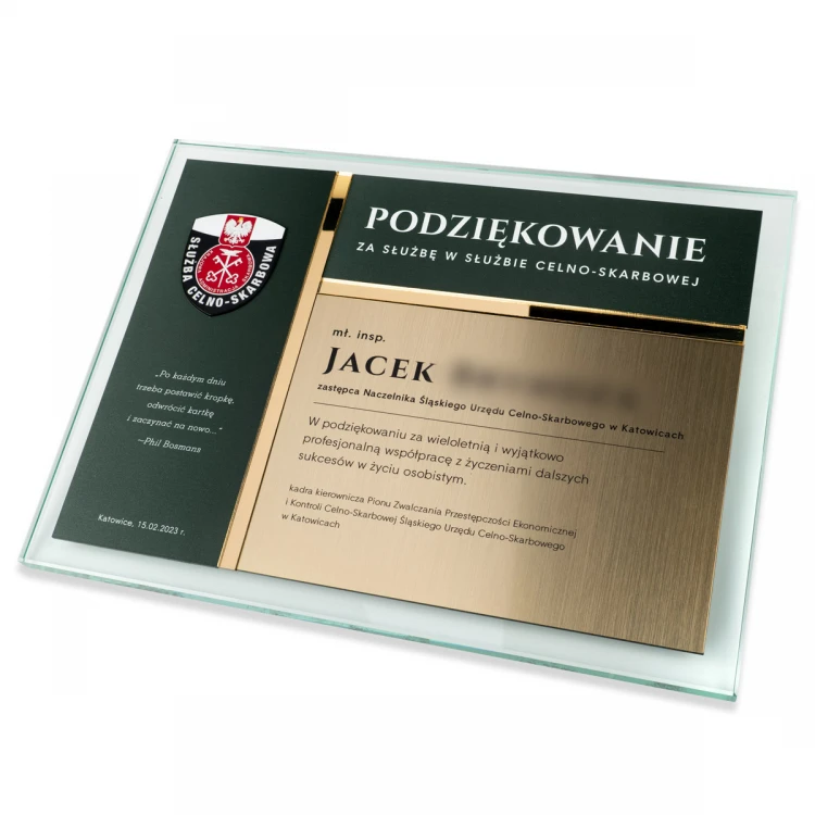 Glass Diploma - Appreciation for Work in the Customs and Tax Service - Horizontal - Colorful UV Print - DUV089