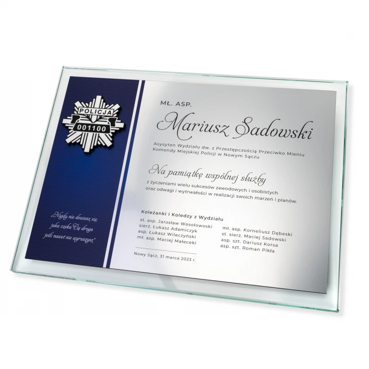 Glass Diploma - Appreciation for Police Service - Horizontal - UV Print and Engraving - DUV090