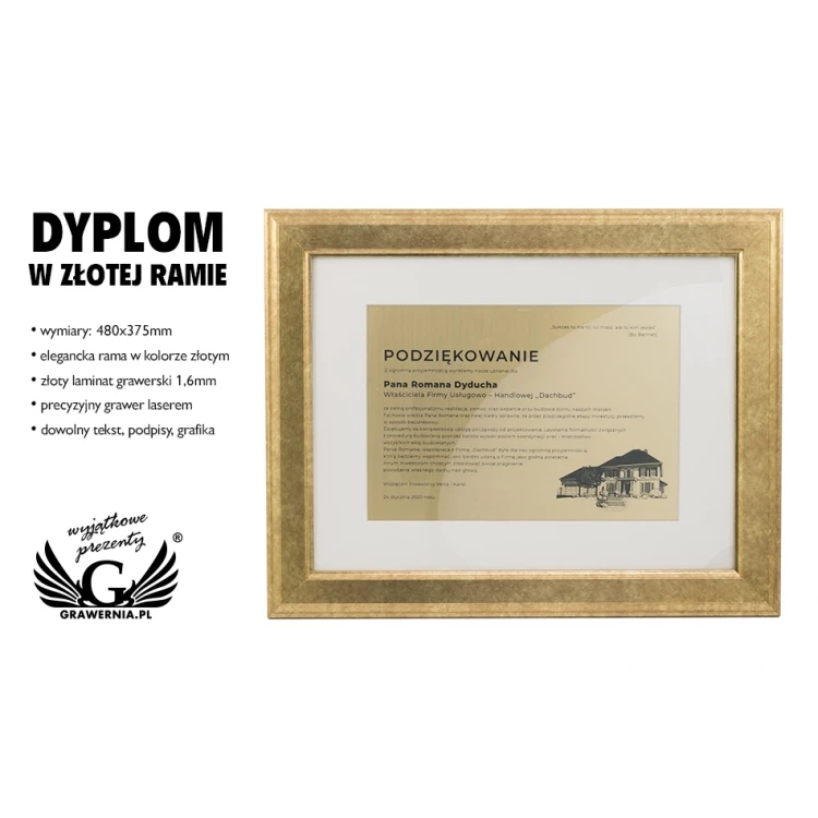 Diploma of Recognition in a Gold Frame - DWR9