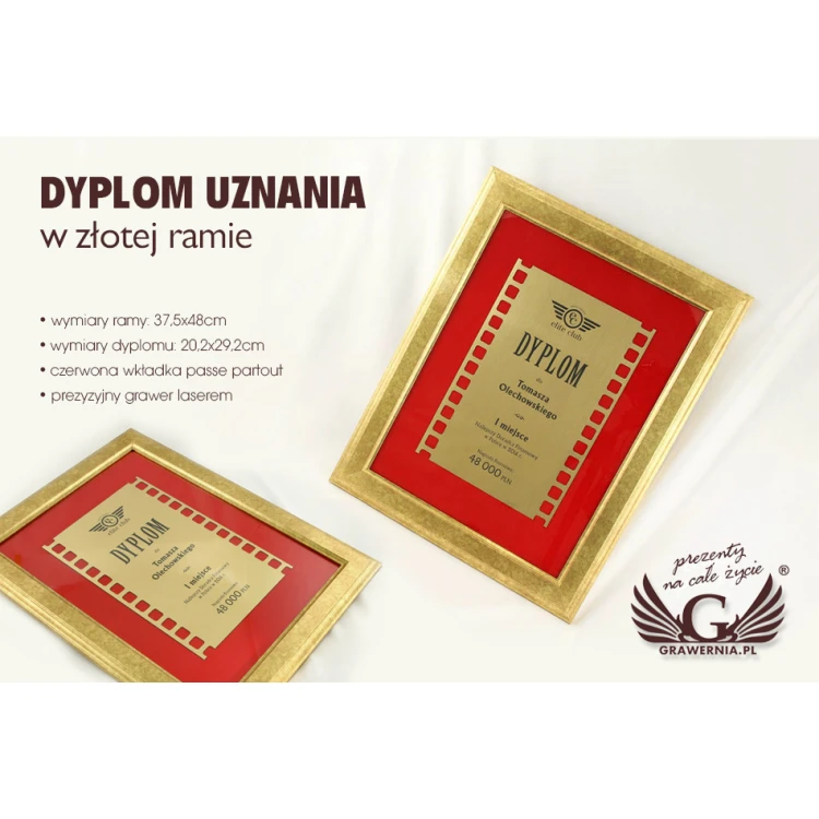 Diploma in a gold frame with red passe-partout - horizontal or vertical - DWR2