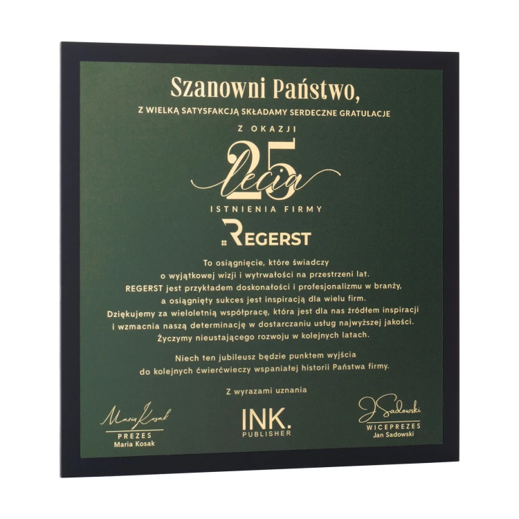 Company anniversary certificate - UV print - Dimension 230x230mm - DUV104