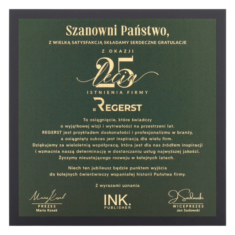 Company anniversary certificate - UV print - Dimension 230x230mm - DUV104