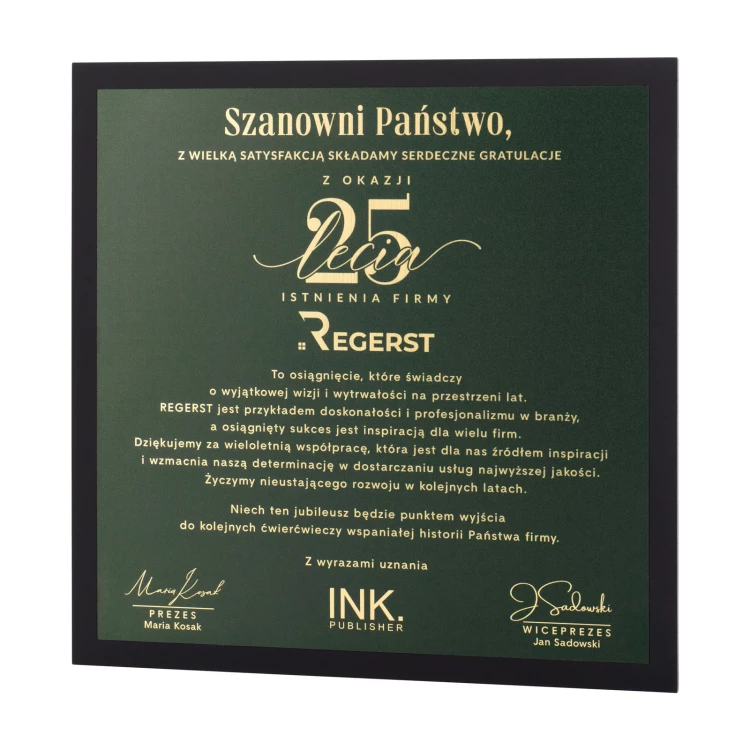 Company anniversary certificate - UV print - Dimension 230x230mm - DUV104