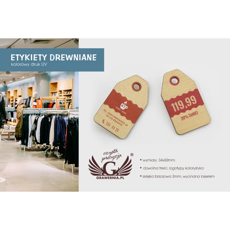 Wooden Labels, Price Tags - Dimensions: 34x60mm - UV Print - EDR003