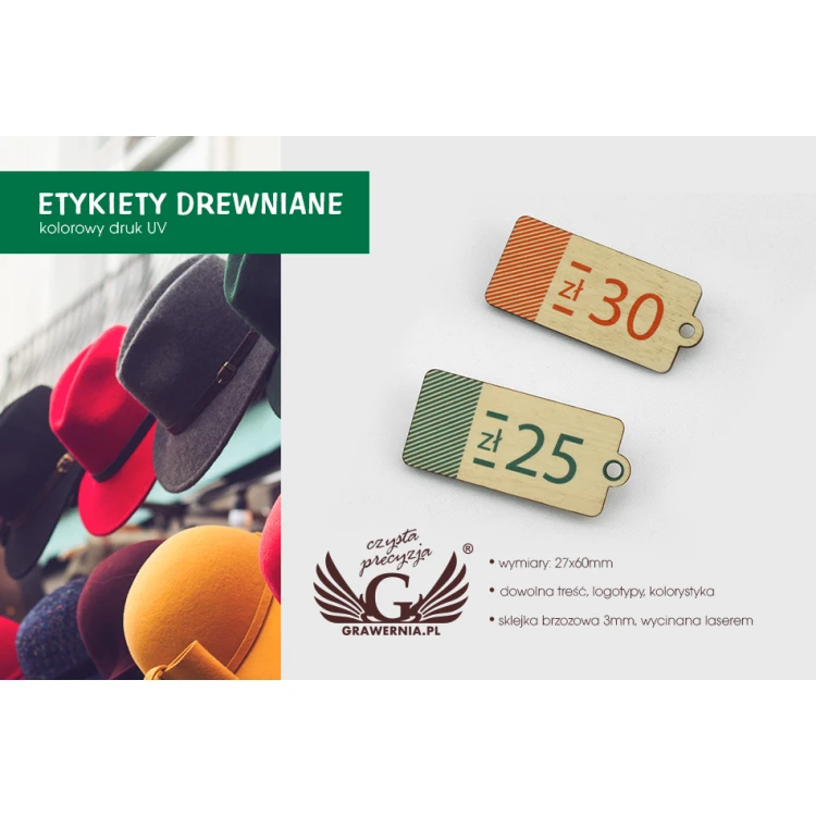 Wooden Labels, Price Tags - Dimensions: 27x60mm - UV Print - EDR010
