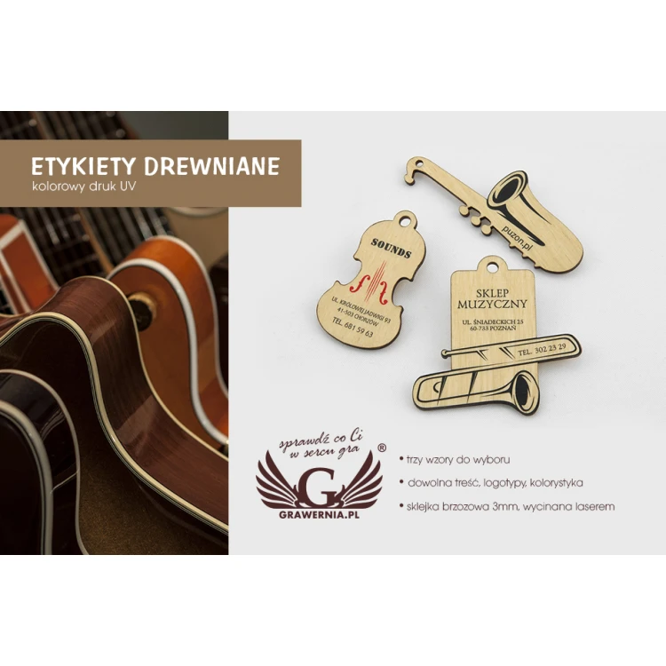 Wooden Labels, Business Cards for Music Store - UV Print - EDR008
