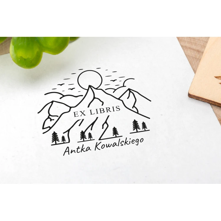 Ex Libris Stamp for Ink Imprinting - Mountains - Handle Diameter 40mm - EX002