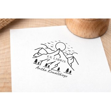 Ex Libris Stamp for Ink Imprinting - Mountains - Handle Diameter 40mm - EX002