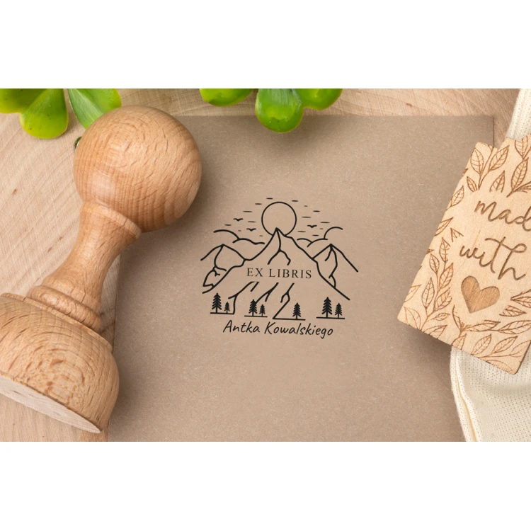 Ex Libris Stamp for Ink Imprinting - Mountains - Handle Diameter 40mm - EX002