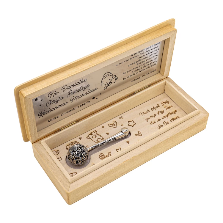 Rattle in wooden box with dedication - silver laminate engraving - Christening souvenir - SRB049