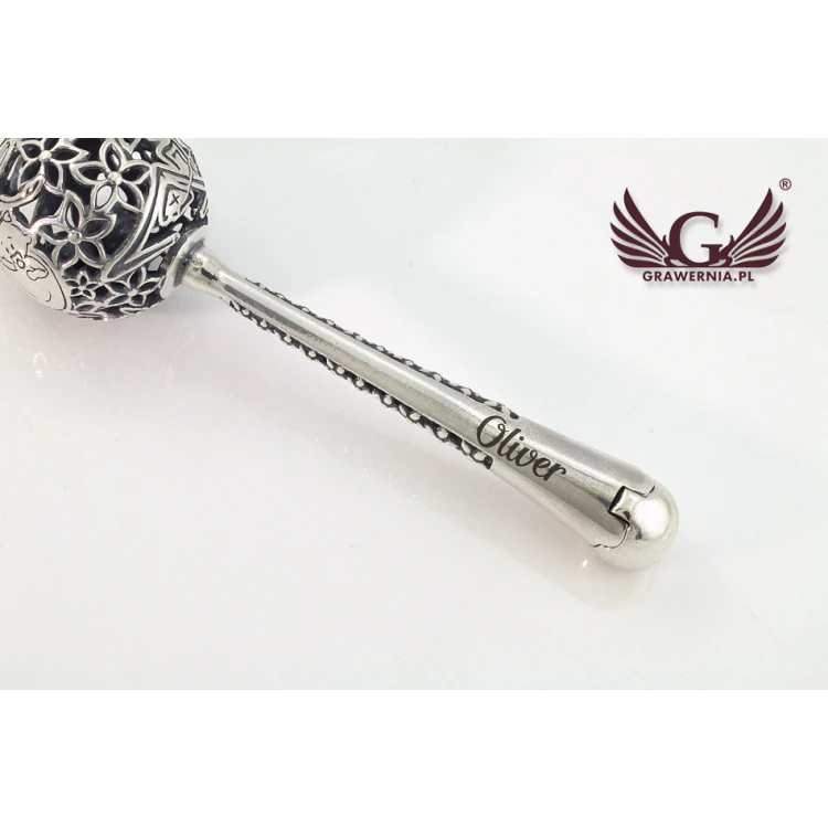 Silver rattle in velour box with dedication - Christening souvenir - SRB007