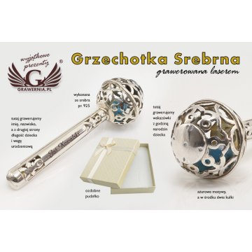 RATTLE with blue beads - SILVER - Holy Baptism Souvenir - pattern SRB008