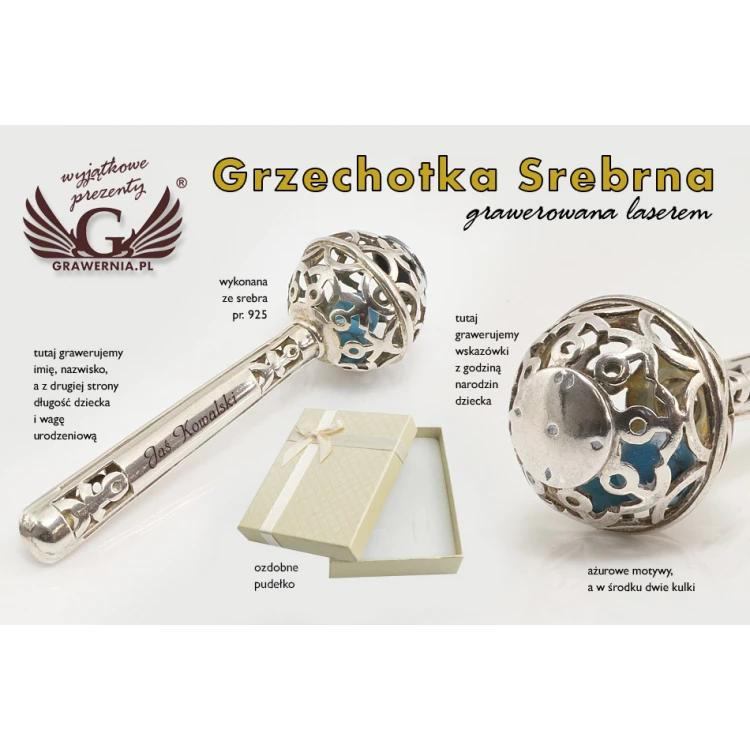 RATTLE with blue beads - SILVER - Holy Baptism Souvenir - pattern SRB008