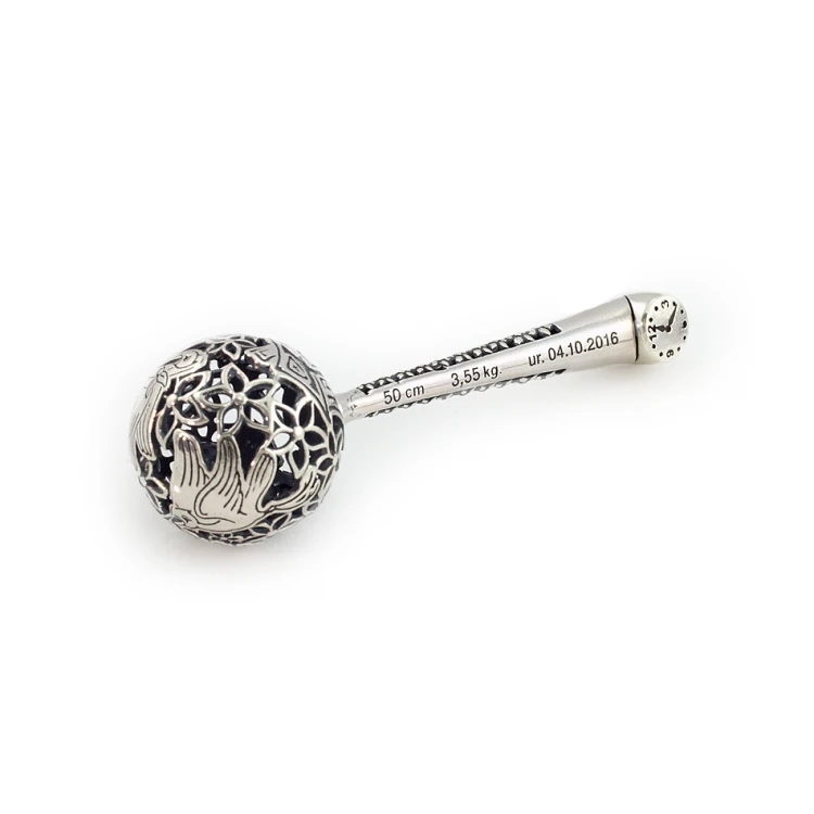 Silver rattle in velour box with dedication - Christening souvenir - SRB007