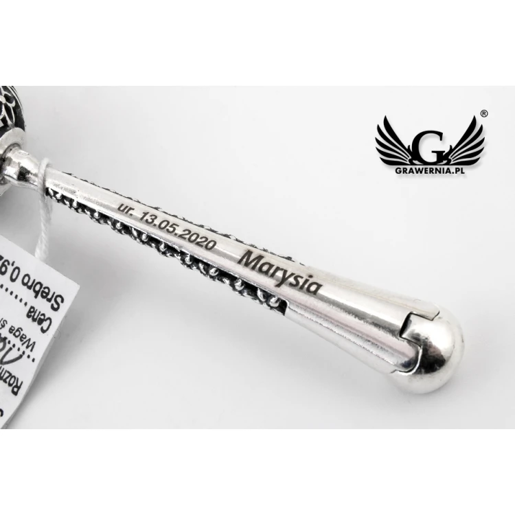Silver rattle in velour box with dedication - Christening souvenir - SRB007