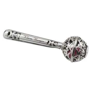 RATTLE with pink beads - SILVER - Holy Baptism Souvenir - pattern SRB043