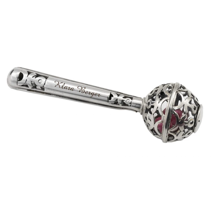 RATTLE with pink beads - SILVER - Holy Baptism Souvenir - pattern SRB043