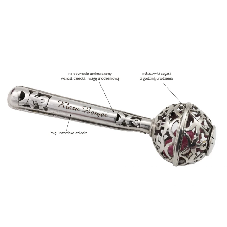 RATTLE with pink beads - SILVER - Holy Baptism Souvenir - pattern SRB043