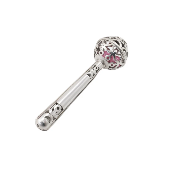 RATTLE with pink beads - SILVER - Holy Baptism Souvenir - pattern SRB043