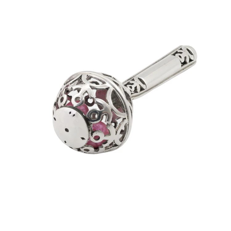 RATTLE with pink beads - SILVER - Holy Baptism Souvenir - pattern SRB043
