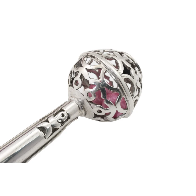 RATTLE with pink beads - SILVER - Holy Baptism Souvenir - pattern SRB043