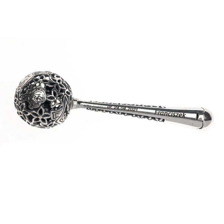 Silver rattle in velour box with dedication - Christening souvenir - SRB007