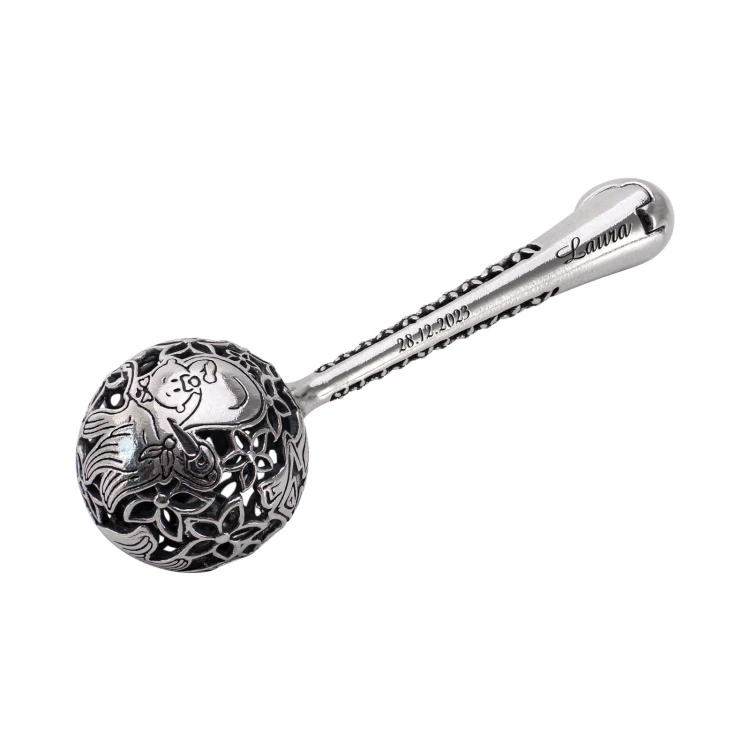 Silver rattle in velour box with dedication - Christening souvenir - SRB007