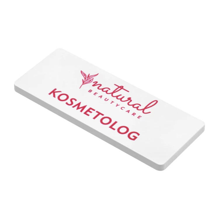 Employee badge - white with pink engraving - 66x26mm - rounded corners - ID146