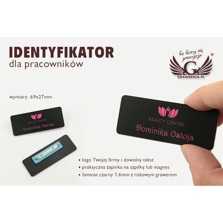 NEO Employee Badge - Black with Pink Engraving - 69x27mm - Rounded Corners - ID028